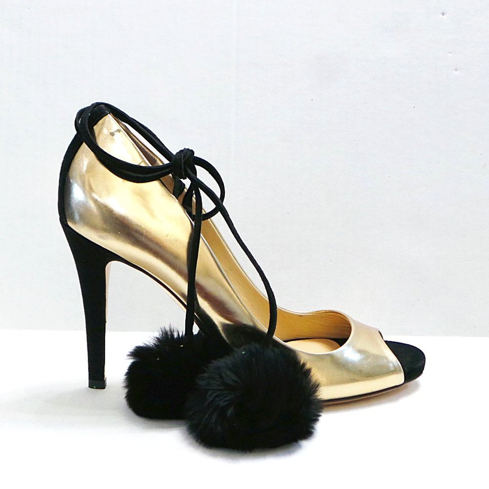 JIMMY CHOO Gold Ankle Wrap Peep Toe Pumps Heels